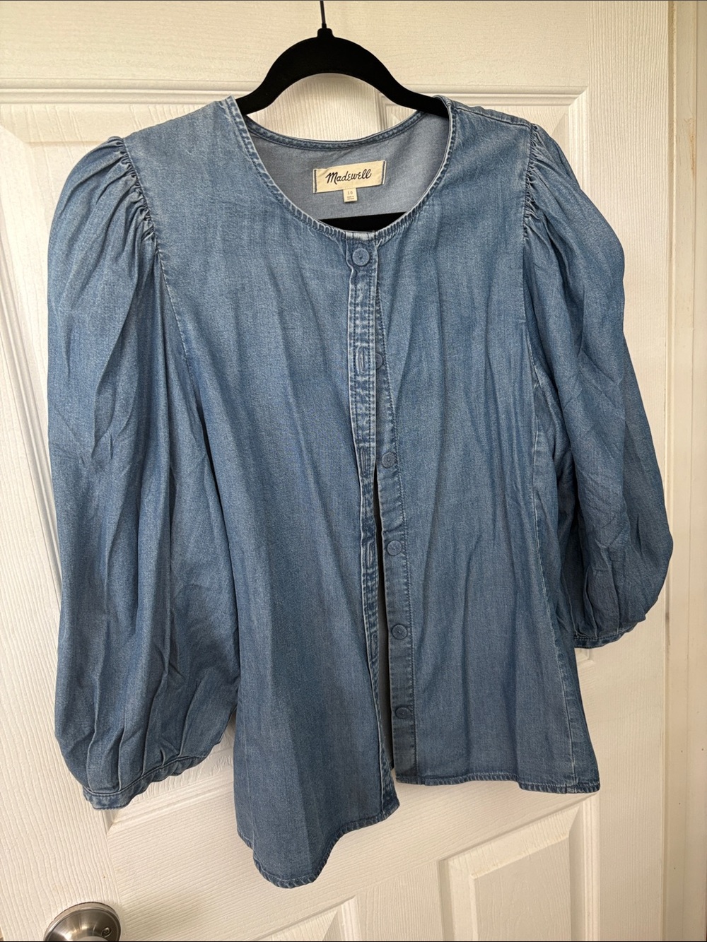 Madewell Blue Puff Sleeve Chambray Shirt